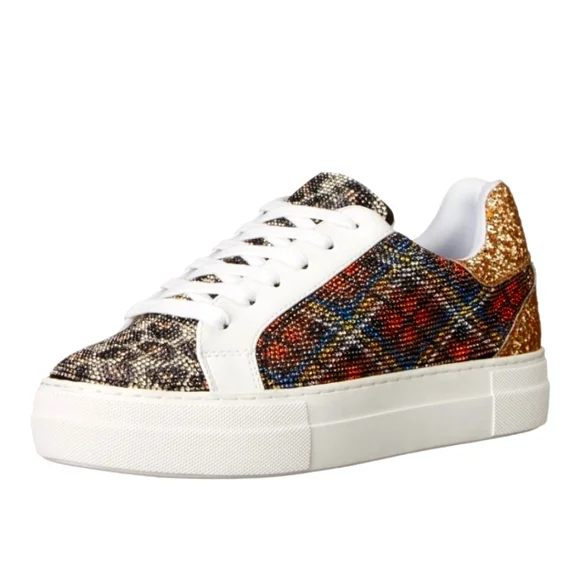 Betsey Johnson Lindsay Rhinestone Plaid Leopard Platform White Sneakers  Sz
